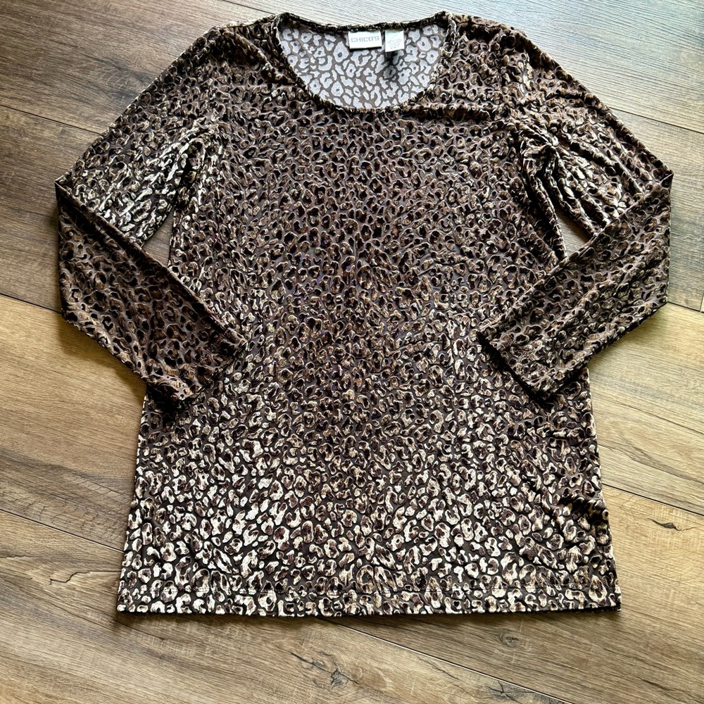 Chico's Brown and Cream Leopard-Print Long Sleeve Top
